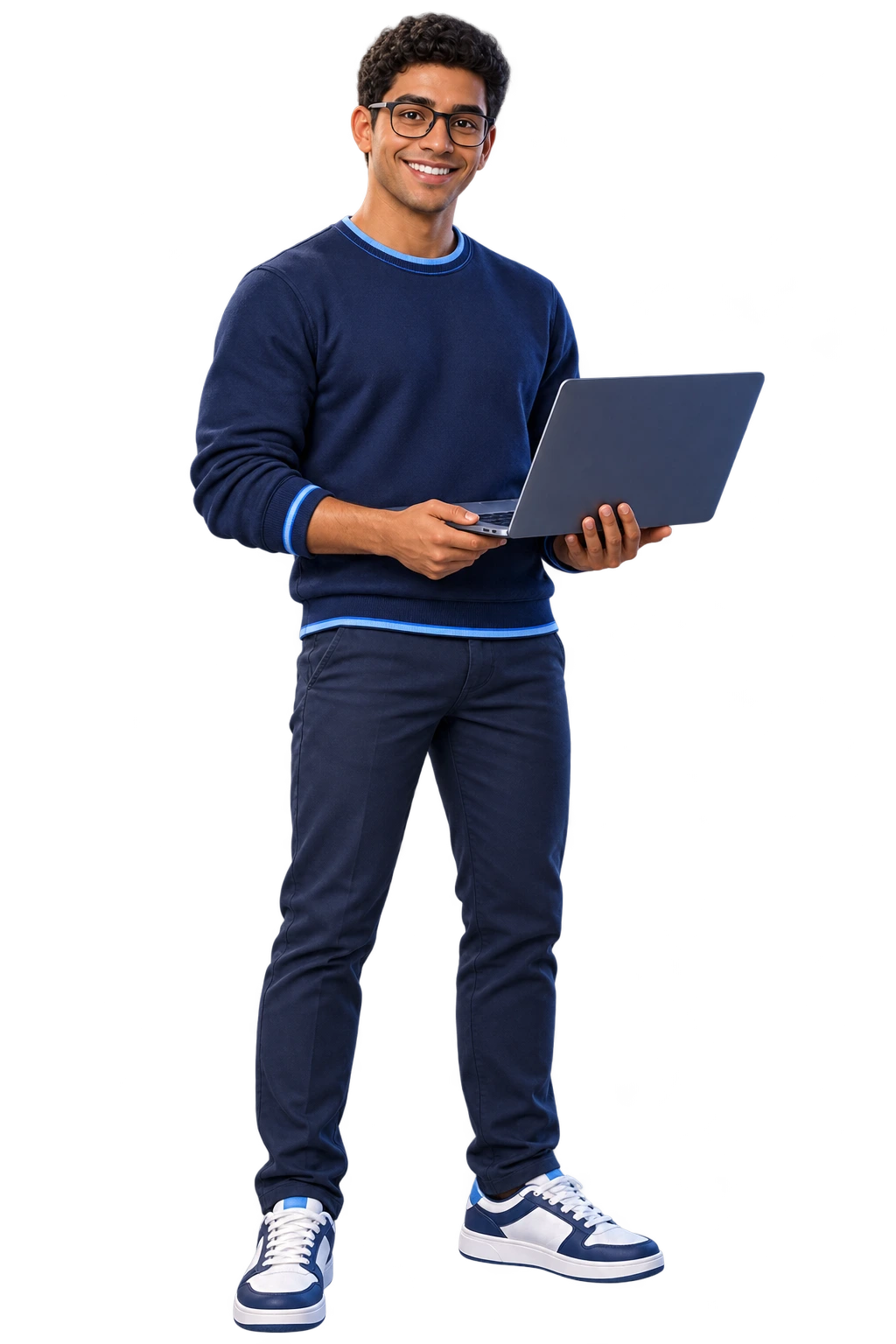 Personagem virtual da NativoAI, moreno, de óculos e sorrindo com um notebook